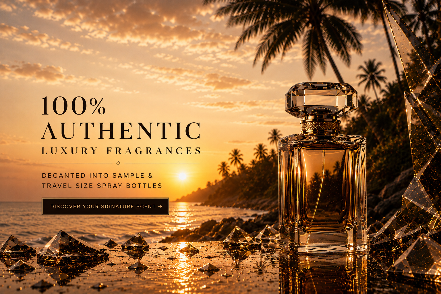 Perfume bottle on a beach with sunset and palm trees in the background