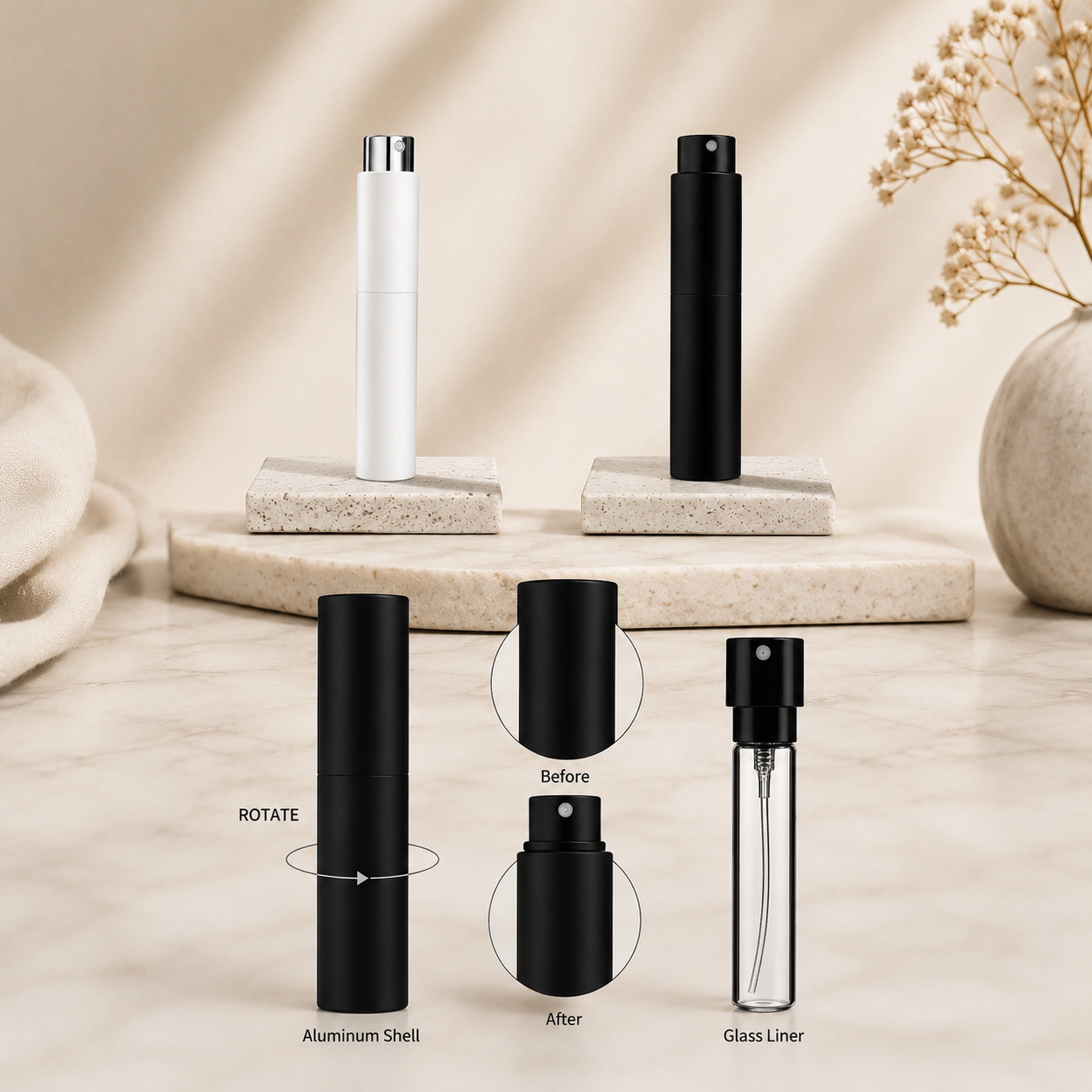 Set of black and white cosmetic bottles with a glass liner on a neutral background
