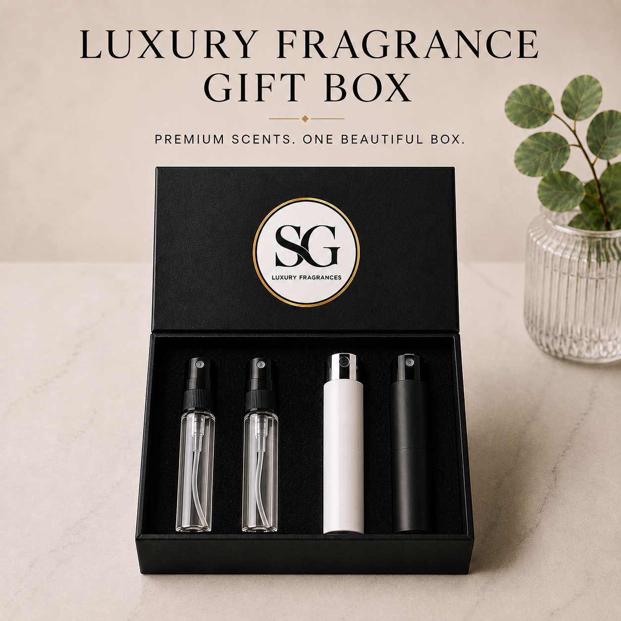 Luxury fragrance gift box with four bottles on a neutral background
