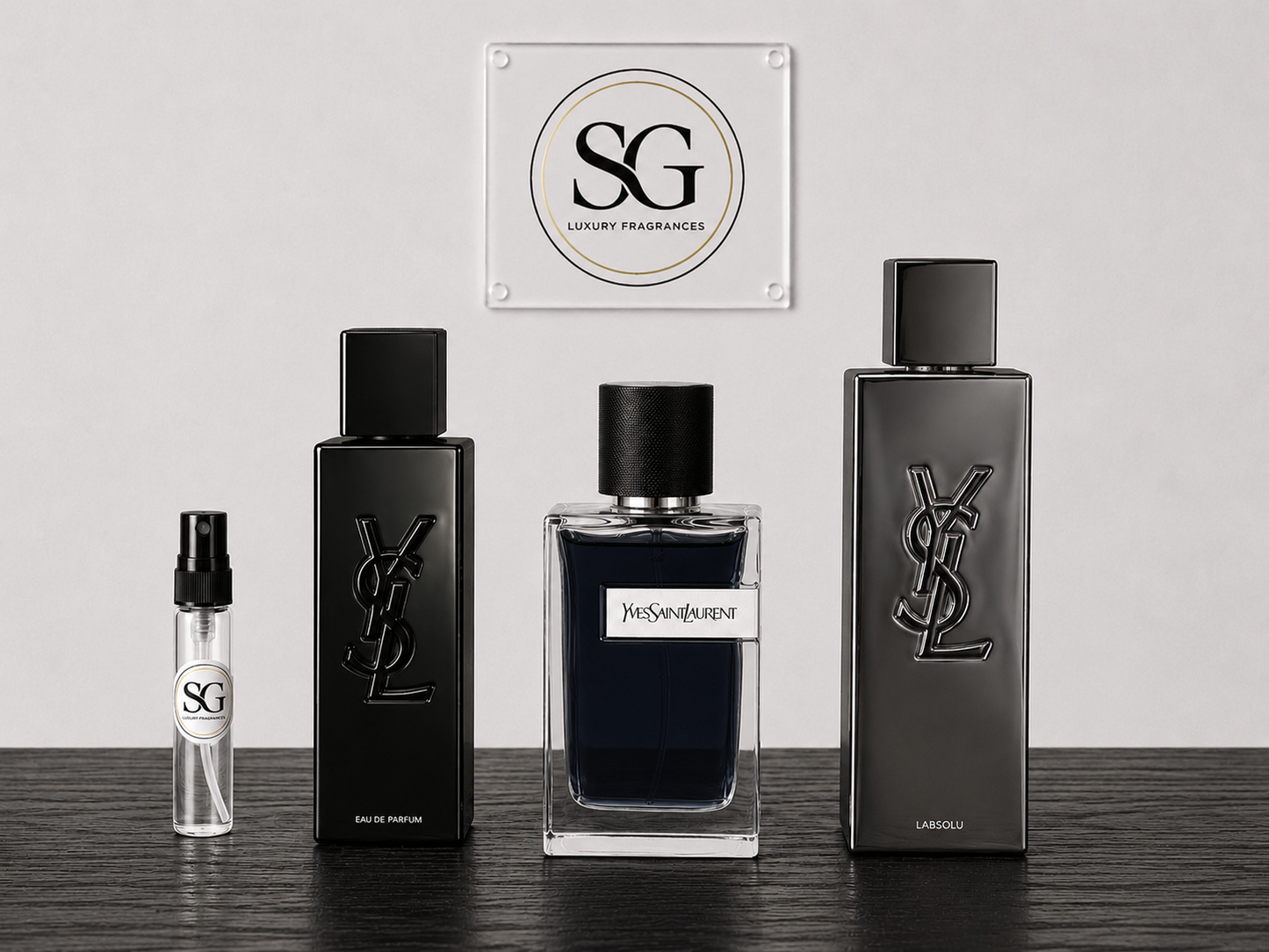 Yves Saint Laurent fragrance bottles and SG Luxury Fragrances sample spray