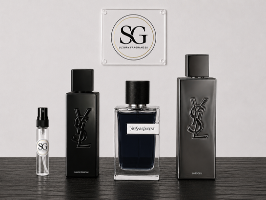 Yves Saint Laurent fragrance bottles and SG Luxury Fragrances sample spray