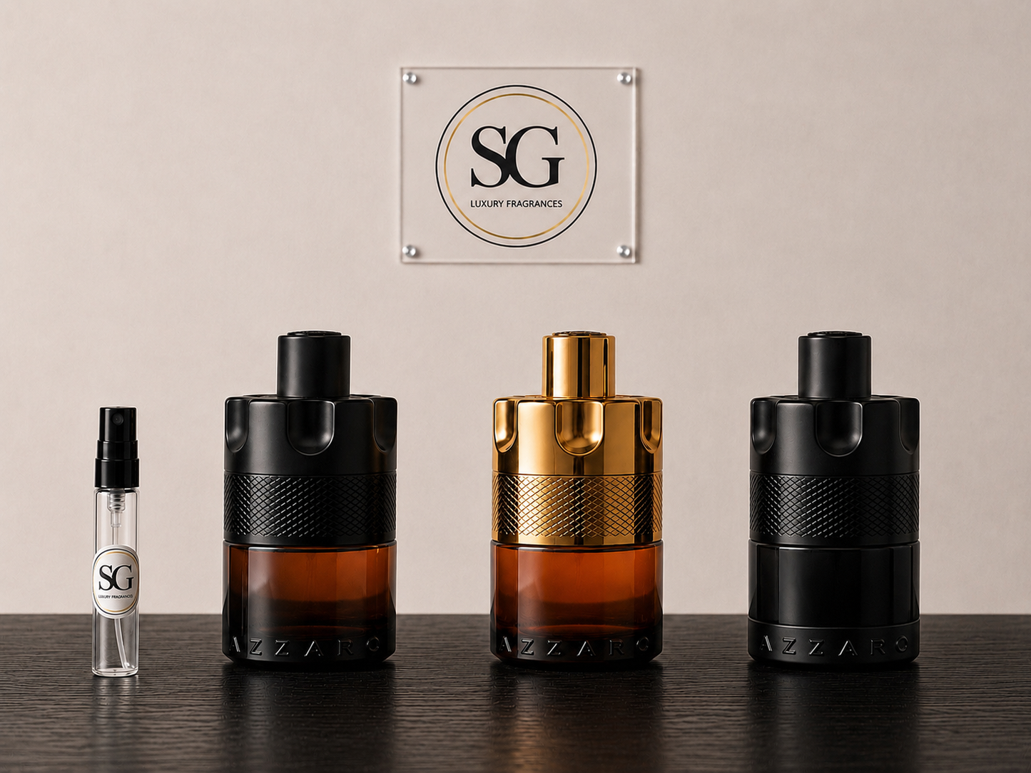 Four perfume bottles with 'SG Luxury Fragrances' logo on a beige background