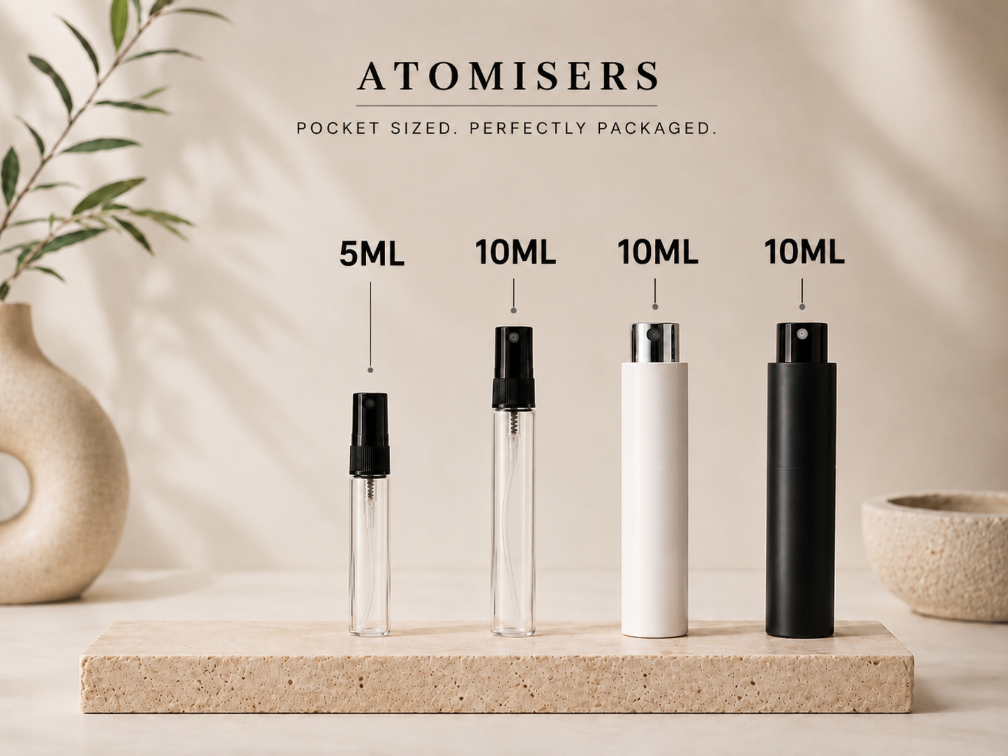 Four atomizers of different sizes on a neutral background with text indicating their capacity.