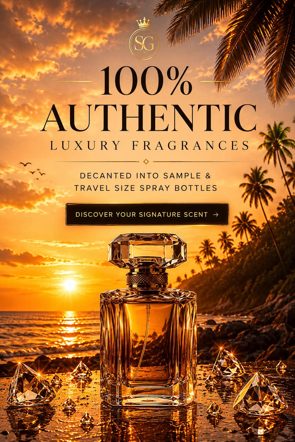 Perfume bottle with sunset and palm trees in the background