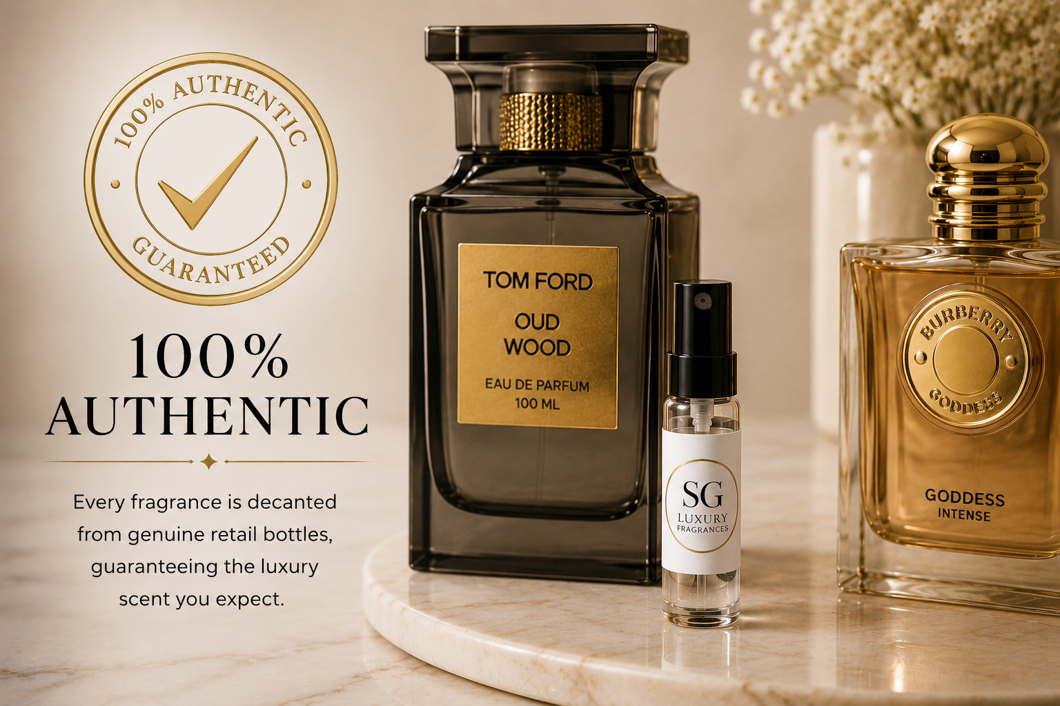 Tom Ford Oud Wood perfume bottle with other fragrances on a marble surface, featuring '100% Authentic Guaranteed' text.
