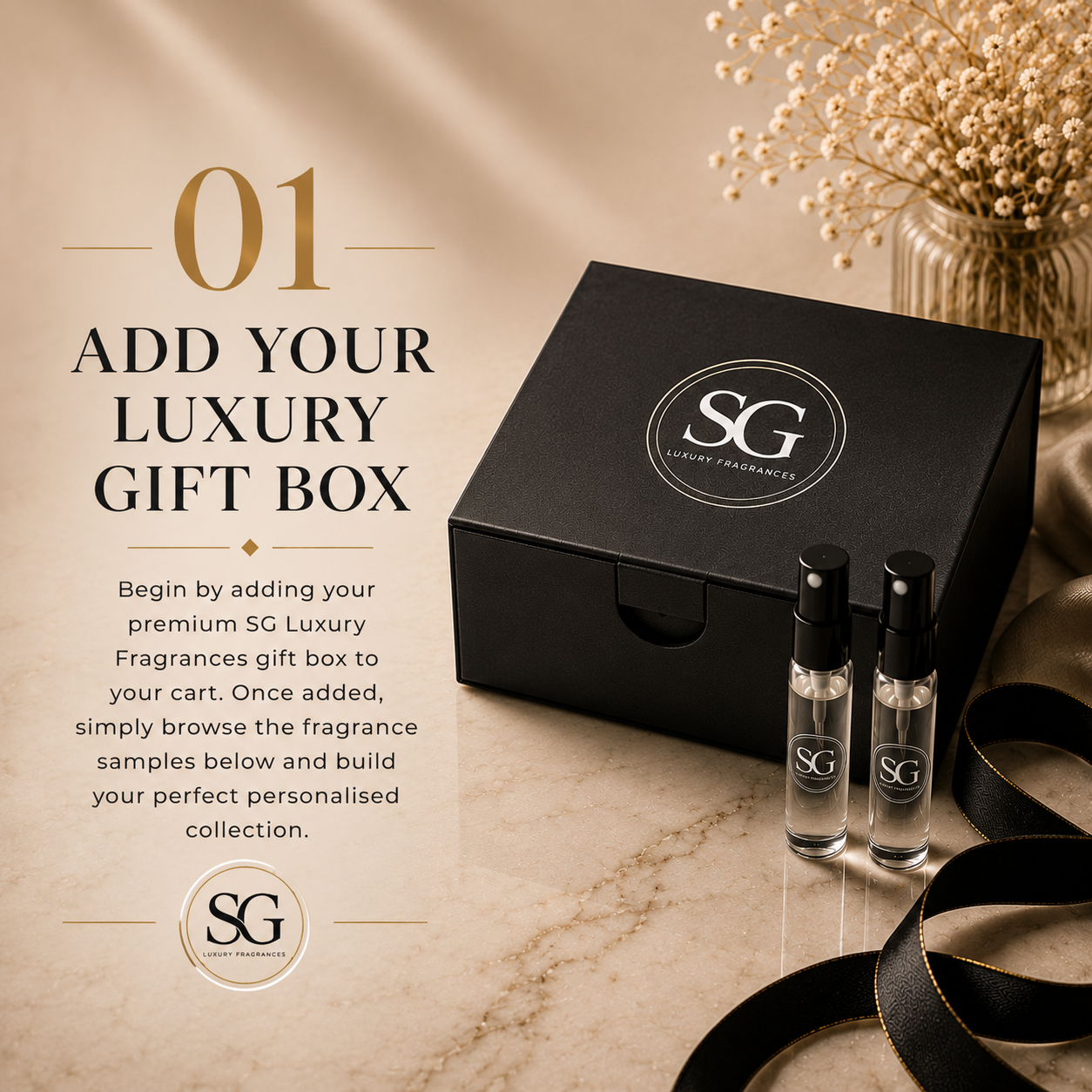 SG Luxury Fragrances gift set with black box, bottles, and ribbon on a marble surface.