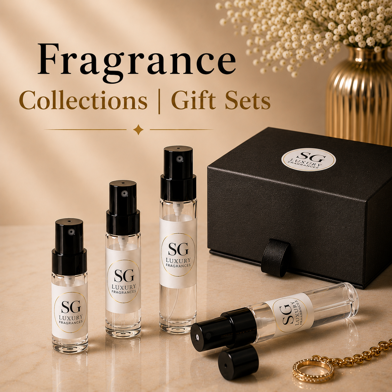 SG Luxury Fragrance bottles and packaging on a beige surface with 'Fragrance Collections | Gift Sets' text.