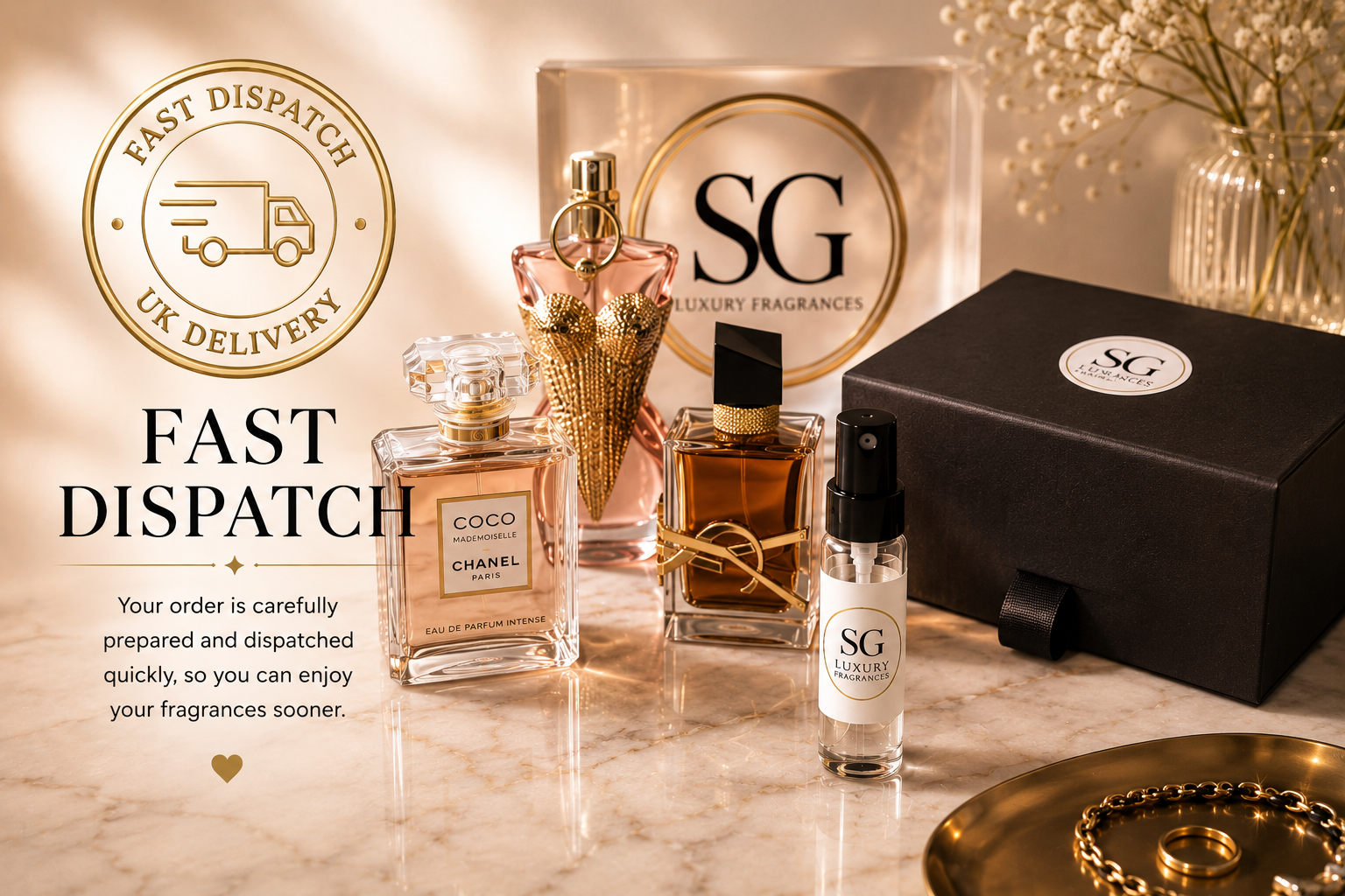 Collection of perfume bottles and packaging with 'SG' branding on a marble surface.