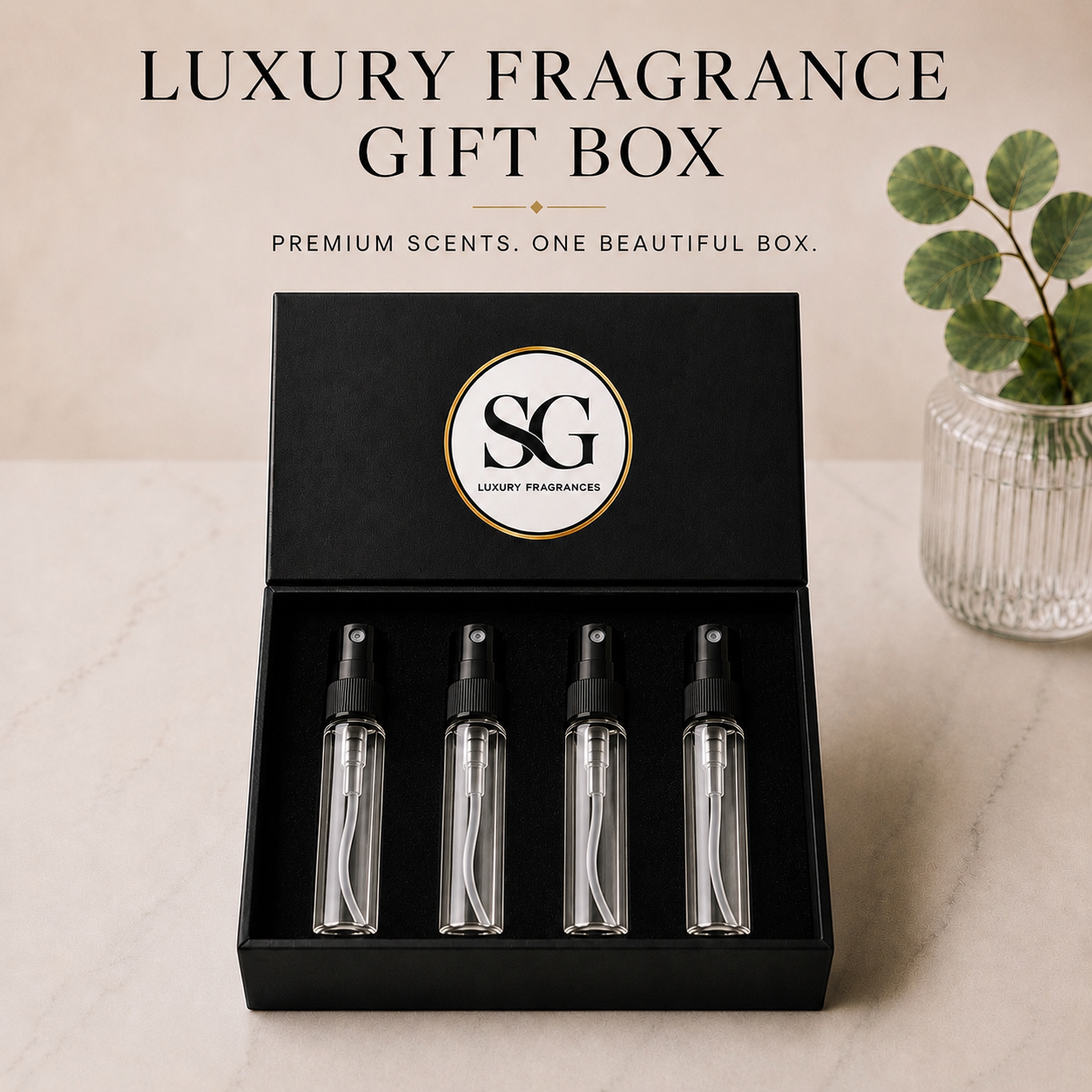 Luxury fragrance gift box with four clear bottles on a light surface.