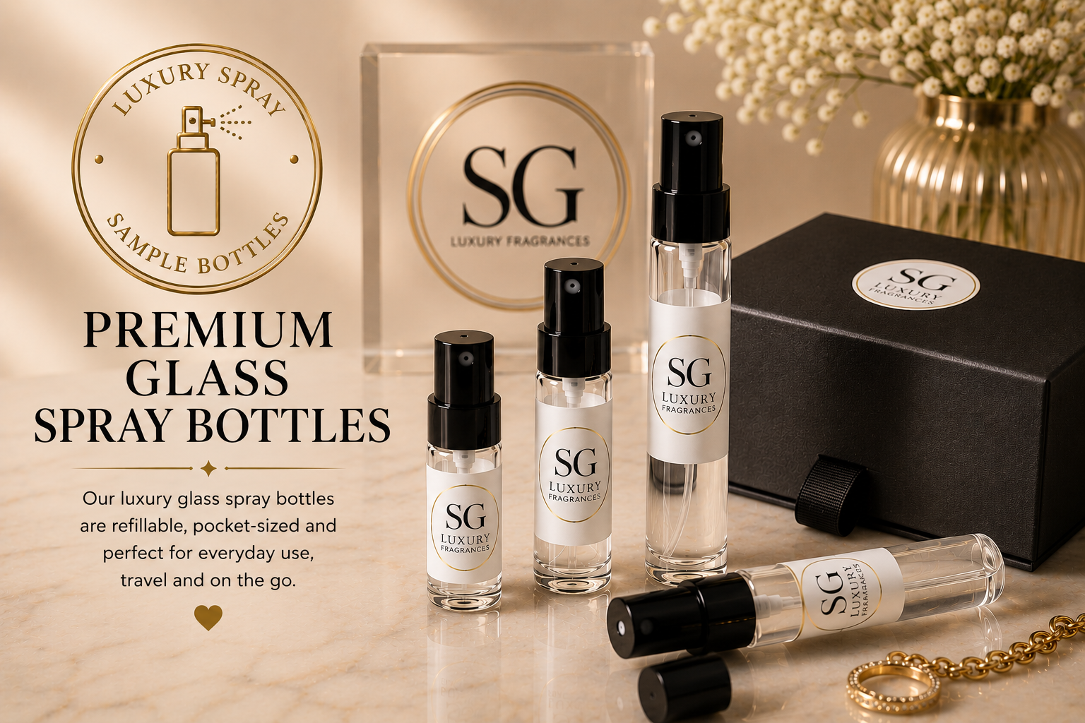 Collection of SG Luxury glass spray bottles on a reflective surface with branded packaging.
