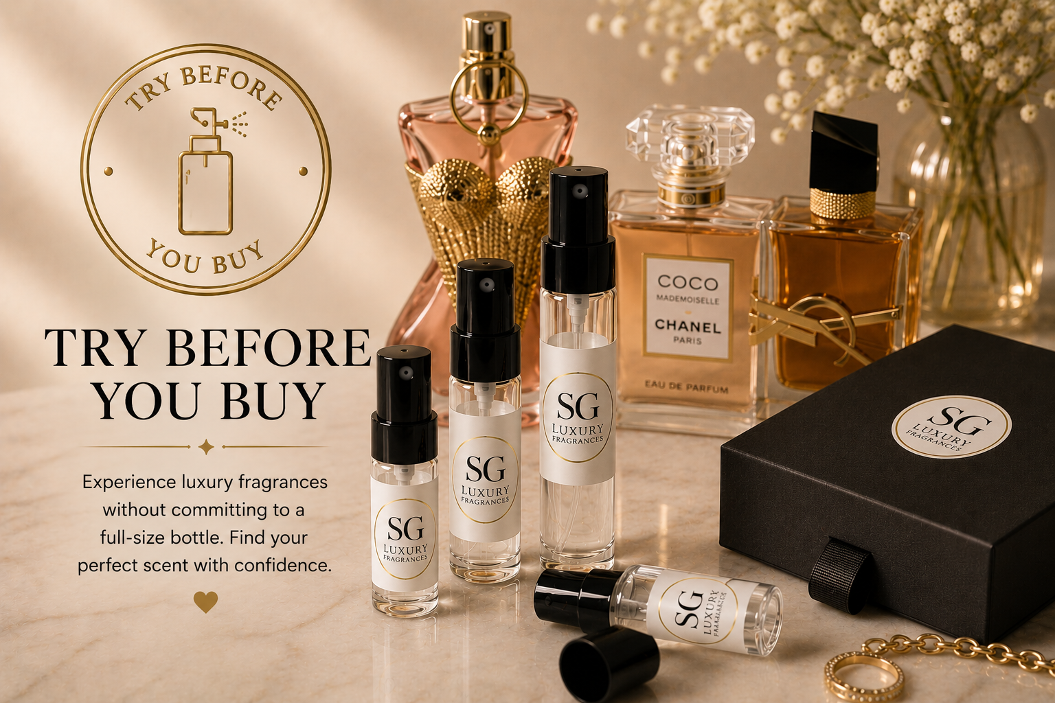 Collection of perfume bottles and packaging with 'Try Before You Buy' text on a beige background.
